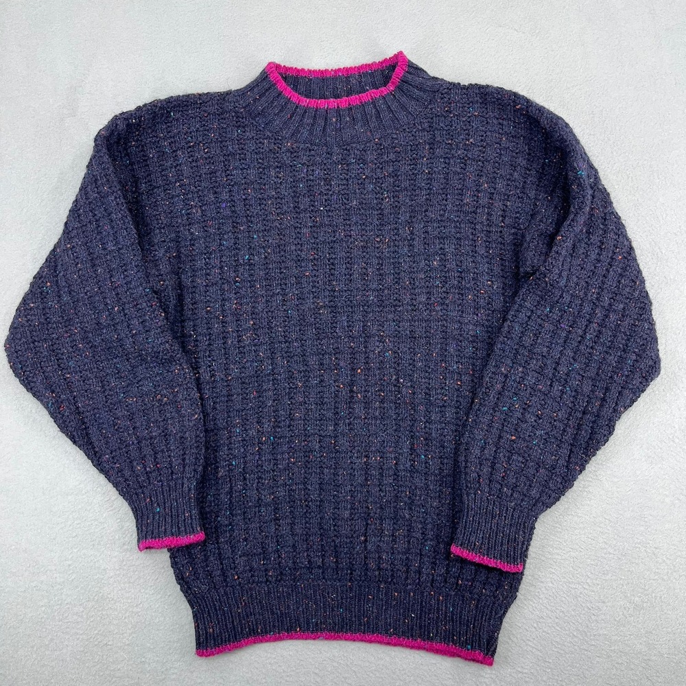REI Vintage Womens Navy Blue Pink Confetti‎ Waffle Knit Wool Blend Sweater Small
